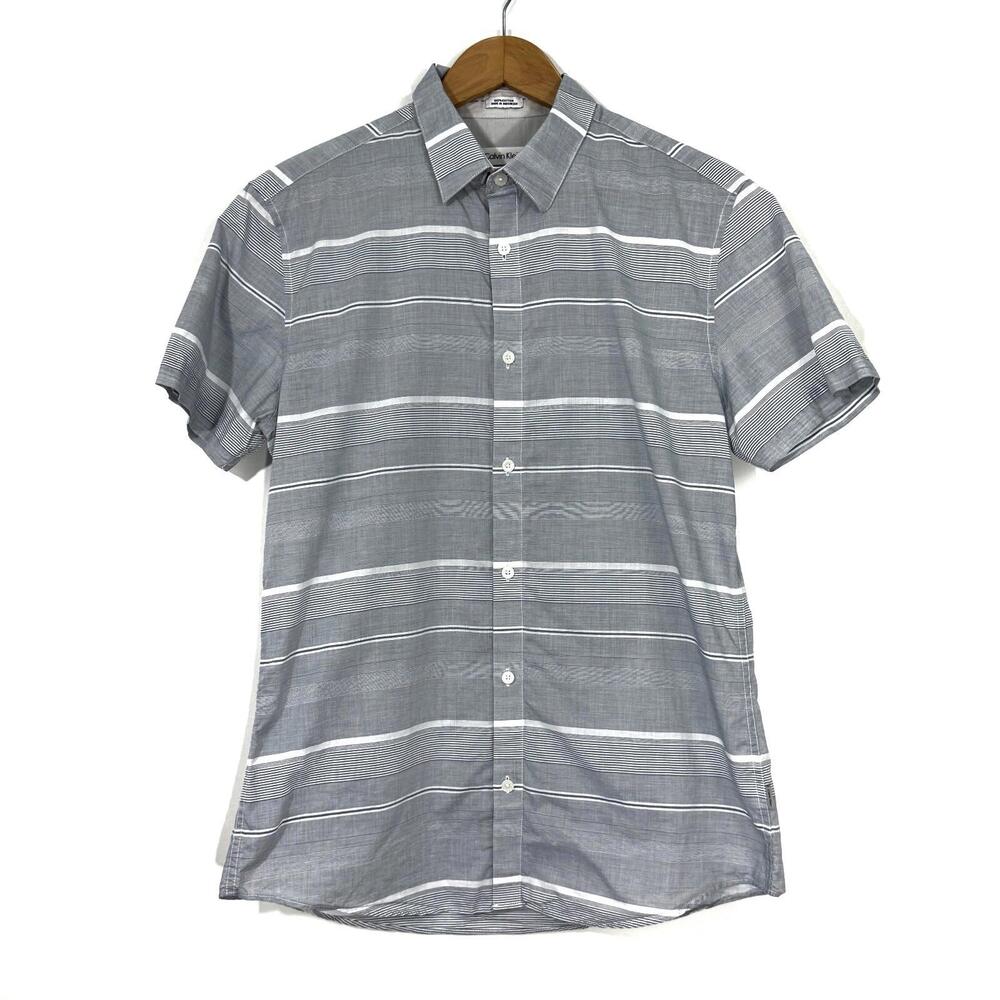 Calvin Klein Men’s Size Medium Slim Fit Gray Striped 100% Cotton Button Up Shirt